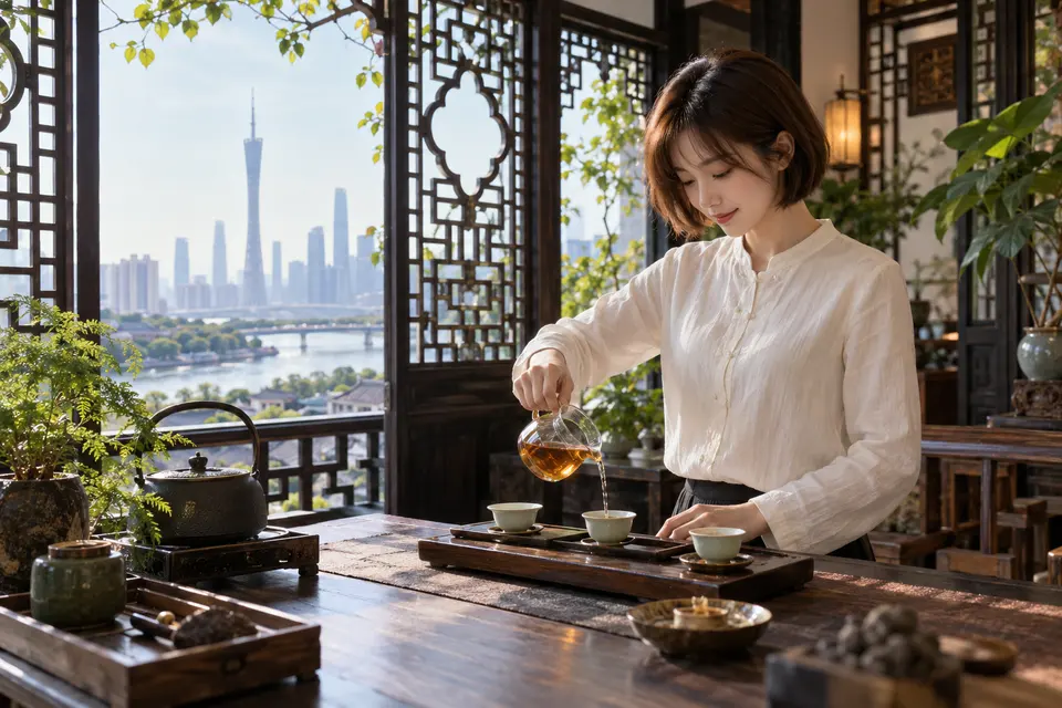 花窗旁用公道杯分茶的茶席示意