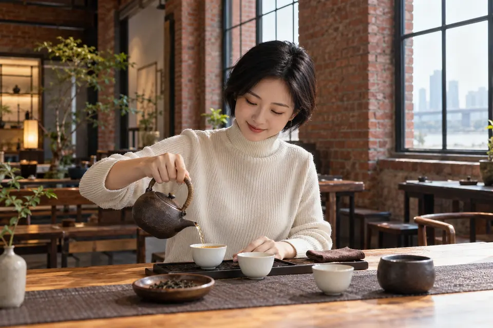 红砖空间中的陶壶倒茶示意